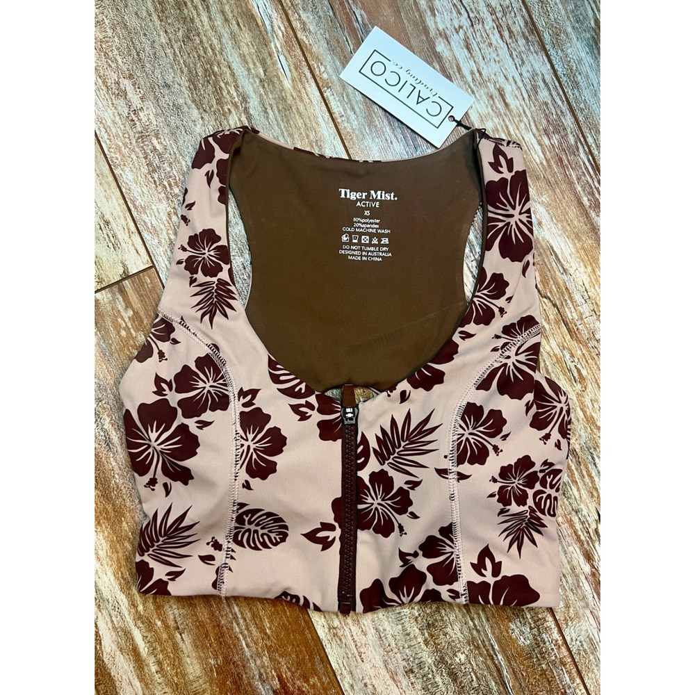 Tiger Mist Active Floral Hibiscus Zip Front Sports Bra Crop Top Tan Brown XS